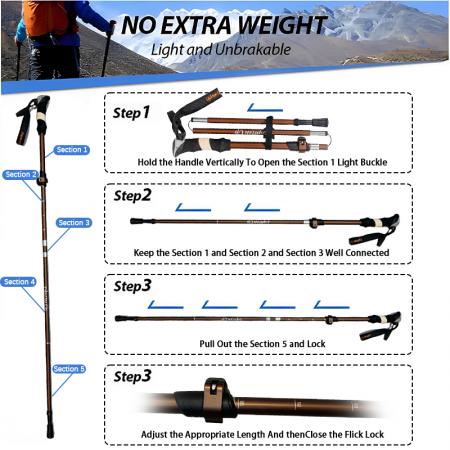 超軽量 6061 アルミニウム合金 5セクション 折りたたみ式トレッキングポール モダン 調節可能 アウトドア ウォーキングスティック EVAハンドル 