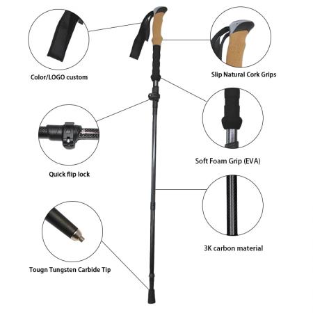 アルミ合金製折りたたみ杖コルクグリップ調節可能な登山スティックゴム製先端ハイキングトレッキングポール 