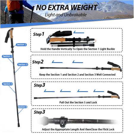 アルミ合金製折りたたみ杖コルクグリップ調節可能な登山スティックゴム製先端ハイキングトレッキングポール 
