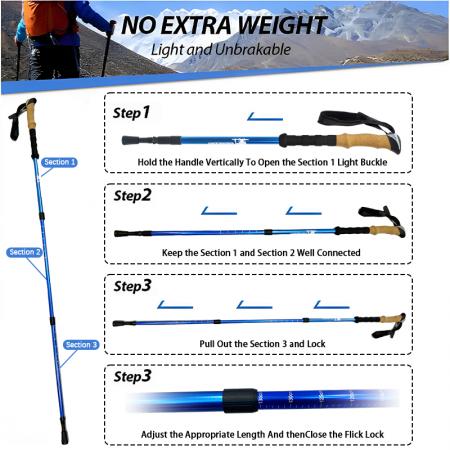 屋外用伸縮式ジュラルミン6061アルミニウム合金3セクションハイキングポール 